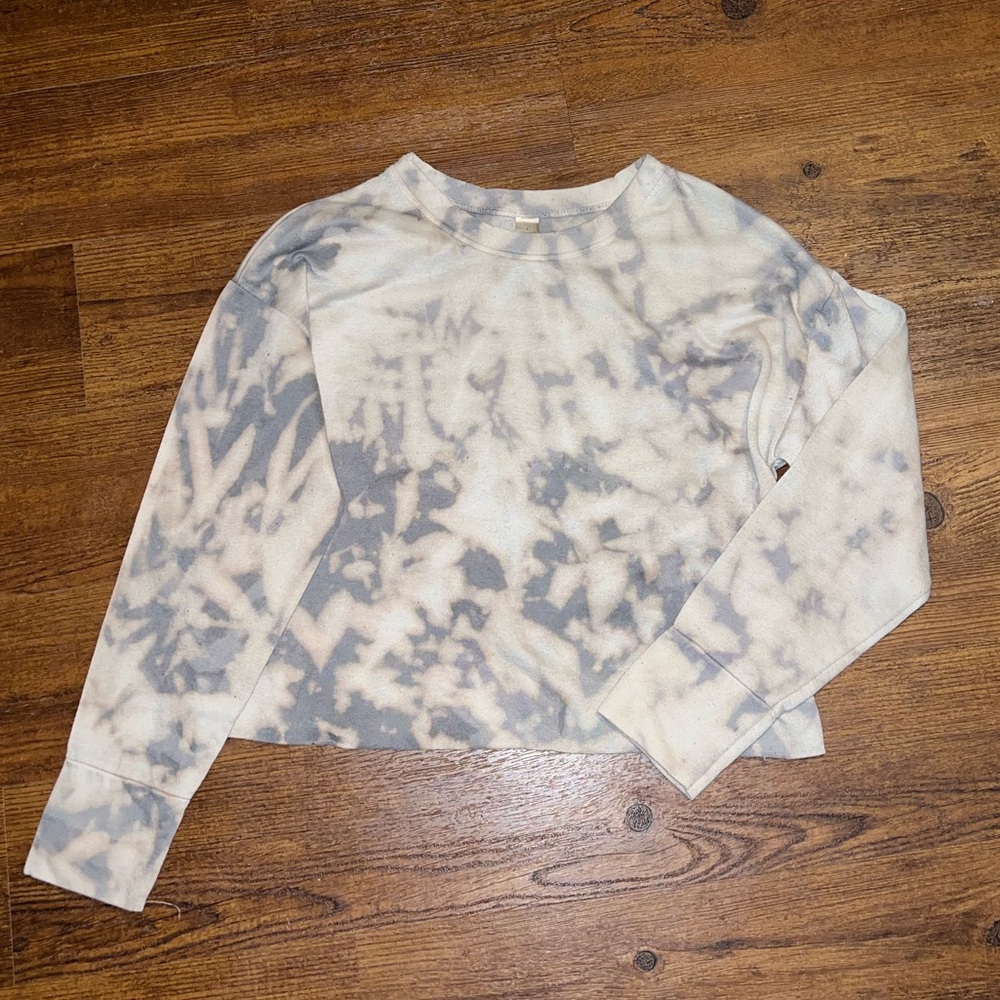 White & Gray Acid Wash Cropped Long Sleeve Pullover Sweatshirt Size L